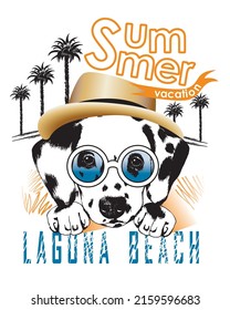 Cute Dalmatian puppy dog in sunglasses and straw hat. Slogan summer vacation.  Vector illustration print for t shirt.