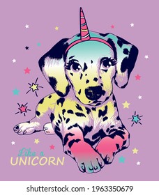 Cute Dalmatian puppy dog with unicorn horn and stars. Hand drawn vector illustration. Print for kids t shrt.