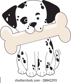 Cute Dalmatian puppy holding a big bone in its mouth