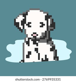 Cute Dalmatian puppy sitting in puddle, pixel art style, black and white spotted dog illustration. Cute Dalmatian puppy sitting in a puddle in pixel art style. Black and white spotted dog with adorable expression on a blue background. Minimalist vector illustration. Perfect for children design, games, stickers, pet themes, and digital artwork