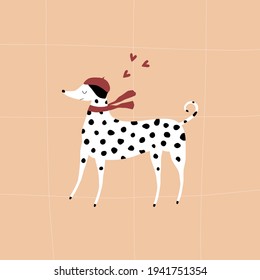 Cute dalmatian in red beret and red scarf with hearts. Funny dog vector illustration.