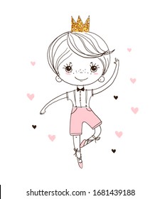 Cute dancer boy. The little prince is dancing ballet. Children s card with a character, hand-drawing, linear sketch. Vector illustration isolated on a white background