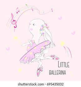 Cute dancer bunny with slogan. Vector baby illustration with ballerina for fashion apparels, t shirt, stickers and printed tee design