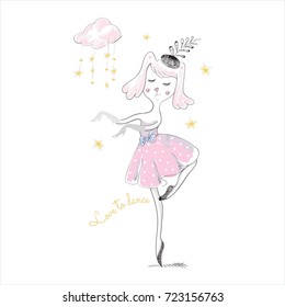 Cute dancer dog, cloud and stars with slogan. Vector baby graphic for fashion apparels, t shirt, stickers, embroidery and printed tee design.