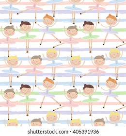 Cute dancing ballerina girls in blue, green and pink dresses  on striped background. Seamless pattern for baby and child wallpapers, textile, posters and clothing prints.Girlfriends in ballet dresses