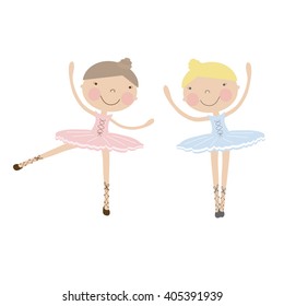 Cute dancing ballerina girls in blue,  and pink dresses. Vector illustration for baby and child wallpapers, textile, posters and clothing prints.Girlfriends in ballet dresses