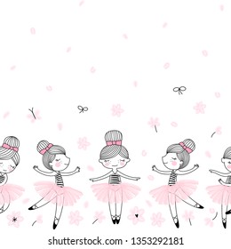 Cute dancing ballerina girls pattern. Ballet themed seamless background. Simple cute girlish surface design. Perfect for girl fashion fabric textile, scrap booking, wrapping gift paper.