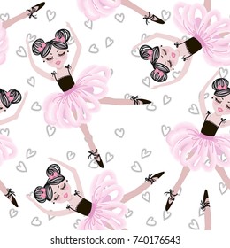 Cute dancing ballerina girls in pink tutus. Vector seamless pattern for baby and child wallpapers, textile, posters and clothing prints. Little girlfriends in ballet dresses.