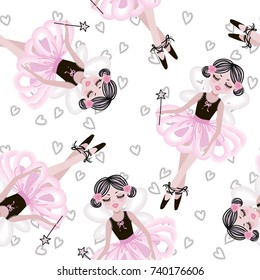 Cute dancing ballerina girls in pink tutus. Vector seamless pattern for baby and child wallpapers, textile, posters and clothing prints. Little girlfriends in ballet dresses.
