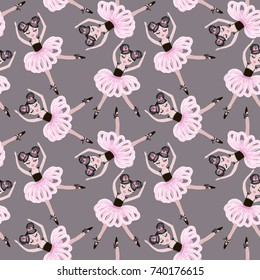 Cute dancing ballerina girls in pink tutus. Vector seamless pattern for baby and child wallpapers, textile, posters and clothing prints. Little girlfriends in ballet dresses.