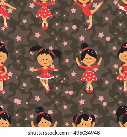 Cute dancing ballerina girls red dresses on stars background. Seamless pattern for baby and child wallpapers, textile, posters and clothing prints.Girlfriends in ballet dresses