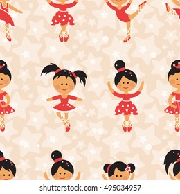 Cute dancing ballerina girls red dresses on stars background. Seamless pattern for baby and child wallpapers, textile, posters and clothing prints.Girlfriends in ballet dresses