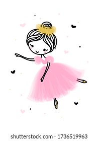 Cute dancing ballerina in pink transparent skirt. Hand drawn cartoon with adorable little ballet dancer. Simple vector illustration isolated on white. Use for t-shirt print. Editable stroke
