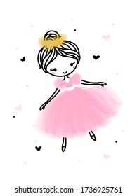 Cute dancing ballerina in pink transparent skirt. Hand drawn cartoon with adorable little ballet dancer. Simple vector illustration isolated on white. Use for kids wear fashion design. Editable stroke