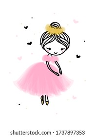 Cute dancing ballerina in pink transparent skirt. Hand drawn cartoon with adorable little ballet dancer. Vector illustration isolated on white. Use for baby shower invitation card. Editable stroke