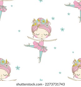 Cute dancing ballerinas seamless pattern, dancer. Cartoon hand drawn vector illustration. Can be used for t-shirt print, kids wear fashion design, baby shower invitation card.