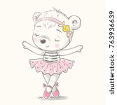 Cute dancing bear ballerina cartoon hand drawn vector illustration. Can be used for t-shirt print, kids wear fashion design, baby shower invitation card.