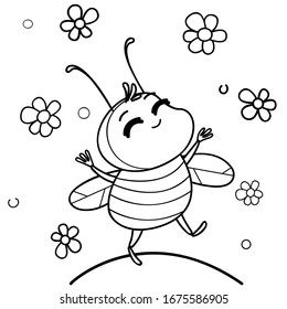 A cute dancing bee with flowers. Black  and white coloring page .