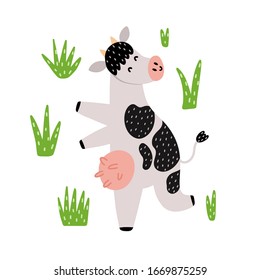 Cute dancing black and white cow. Cartoon farm character. Funny print for kids. Isolated element. Vector illustration