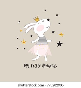 Cute dancing bunny in a pink skirt and inscription - my little princess. Childish illustration in vector.