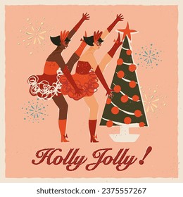 Cute dancing cabaret girls, happy ladies dance at the Christmas party near the Christmas tree, New Year party masquerade with fireworks. Holly Jolly greeting. Retro midcentury style vector card design