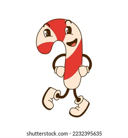 Cute bailando Candy Cane groovy personaje en un estilo retro de caricatura Aislado sobre fondo blanco. Elemento de diseño para impresiones, tarjetas o carteles de Navidad y Año Nuevo. Ilustración vectorial.