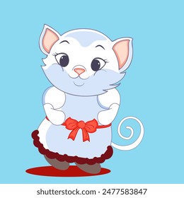 Cute Dancing Cartoon Cat with Wearing Bow Dress Illustration.