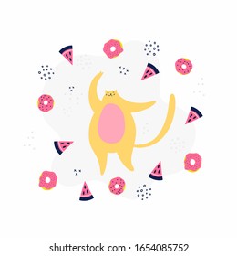 Cute dancing cat around sweets: donuts and watermelon. Color flat hand drawn vector character. Isolated scandinavian style cartoon illustration