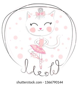 Cute dancing cat ballerina in the blue tutu. Cartoon hand drawn