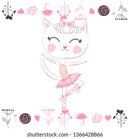 Cute dancing cat ballerina in the tutu. Cartoon hand drawn