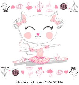 Cute dancing cat ballerina in the tutu. Cartoon hand drawn