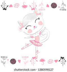 Cute dancing cat ballerina in the tutu. Cartoon hand drawn