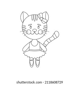 Cute tanzende Katze in einem Balletttutu. Kitty Ballerina Vektorlinebild zum Färben. Umriss. Cute Cartoon Katze Tänzer für das Farbbuch.