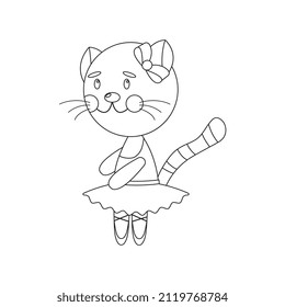 Cute dancing cat in a ballet tutu. Kitty ballerina vector linear picture for coloring. Outline. Cute cartoon cat dancer for coloring book.
