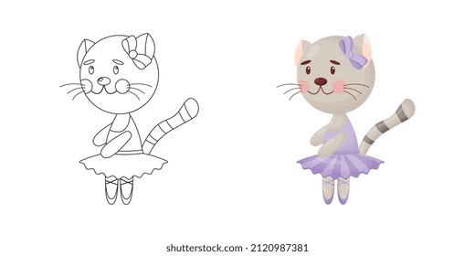 Un gatito bailando en un ballet tutu. Balerina Kitty vectorial de imagen lineal para colorear. Esquema. Cuta bailarina de gatos de dibujos animados para el libro de colorear. Ilustración del vector