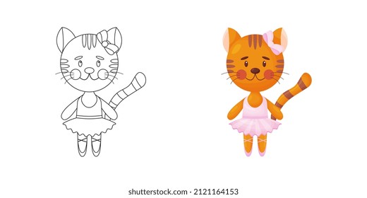 Cute dancing cat in a ballet tutu. Kitty ballerina vector linear picture for coloring. Outline. Cute cartoon cat dancer for coloring book. Vector illustration
