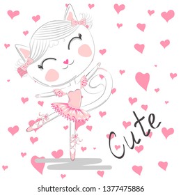 Cute dancing cat in a pink dress. Ballerina love dancing. Hand drawn t-shirt printing.