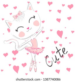 Cute dancing cat in a pink dress. Ballerina love dancing. Hand drawn t-shirt printing.