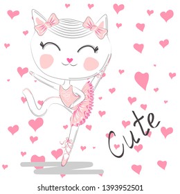 Cute dancing cat in a pink dress. Ballerina love dancing. Hand drawn t-shirt printing.