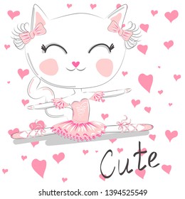 Cute dancing cat in a pink dress. Ballerina love dancing. Hand drawn t-shirt printing.