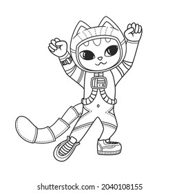 Cute dancing cat in a spacesuit. Astronaut kitten. Vector illustration isolated on white background
