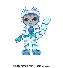Cute dancing cat in a spacesuit. Astronaut kitten. Vector illustration isolated on white background