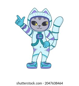 Cute dancing cat in a spacesuit. Astronaut kitten. Vector illustration isolated on white background