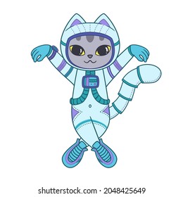 Cute dancing cat in a spacesuit. Astronaut kitten. Vector illustration isolated on white background