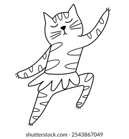 Gato bailarín lindo en falda de tutú en blanco y negro. Divertido personaje felino haciendo ballet elemento aislado en el contorno. Ideal para colorear páginas, impresiones y tarjetas. Ilustración vectorial