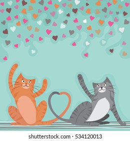 Cute Dancing Cats on colorful hearts decorated background for Happy Valentine's Day celebration.