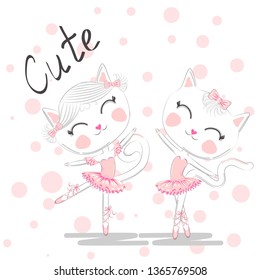 Cute dancing cats in a pink dress. Ballerina love dancing. Hand drawn t-shirt printing.