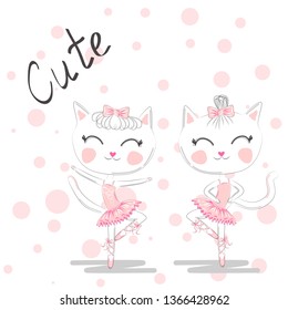 Cute dancing cats in a pink dress. Ballerina love dancing. Hand drawn t-shirt printing.