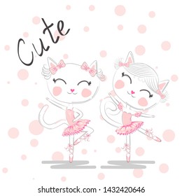 Cute dancing cats in a pink dress. Ballerina love dancing. Hand drawn t-shirt printing.