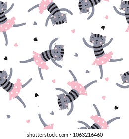 Cute dancing cats seamless pattern for scrapbook paper, wrapping paper
